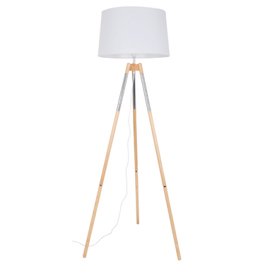 Wood and Polished Chrome Standing Lamp with White Fabric Shade